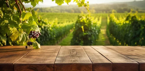 Foto op Plexiglas Empty Wood table top on blurred vineyard landscape background, for display or montage your products. Agriculture winery and wine tasting concept. digital ai © Viks_jin