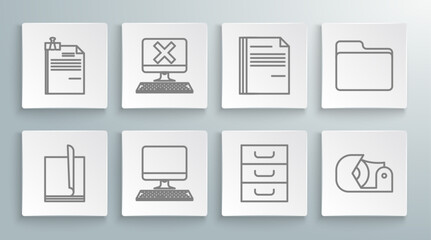 Set line File document, Computer with keyboard and x mark, monitor, Drawer documents, Scotch, Document folder and binder clip icon. Vector