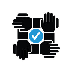 Team work. Team hands together icon with check sign, approved, confirm, done, tick, completed symbol