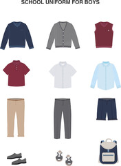School uniform for schoolboy, teenager, student. Essential Boy's Clothes. Shirt, t shirt, trosers, jacket, pulloveer. Set of school outfits. Vector illlustration.