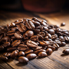 A pile of coffee beans on a rustic wood, Generative AI