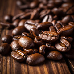 Naklejka premium A pile of coffee beans on a rustic wood, Generative AI