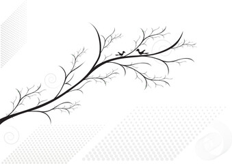 Decorative silhouettes of winter branches with birds. Black and white abstraction of a natural motif of seasonal branches with small birds.