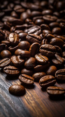 A pile of coffee beans on a rustic wood, Generative AI