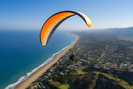 Couple enjoying a tandem paragliding experience over a coastal town.