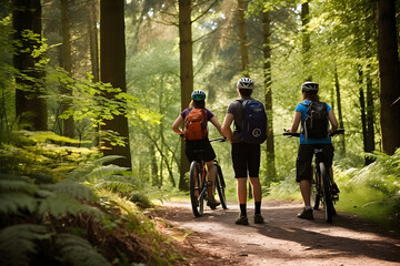 Cyclists on a woodland trail pausing to admire the view. - obrazy, fototapety, plakaty