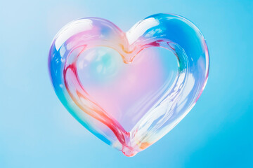 A multi-colored big heart made of a soap bubble in the center on a blue background. Template for cover, flyer, bright postcard. created by AI