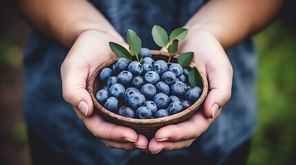 Naklejka na ściany i meble Blueberries in hands, a farmer holding berries.