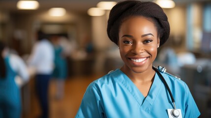 Obraz premium Cute african american medical nurse wearing blue uniform and smiling. Generative AI