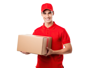 Happy delivery man with parcel, cut out