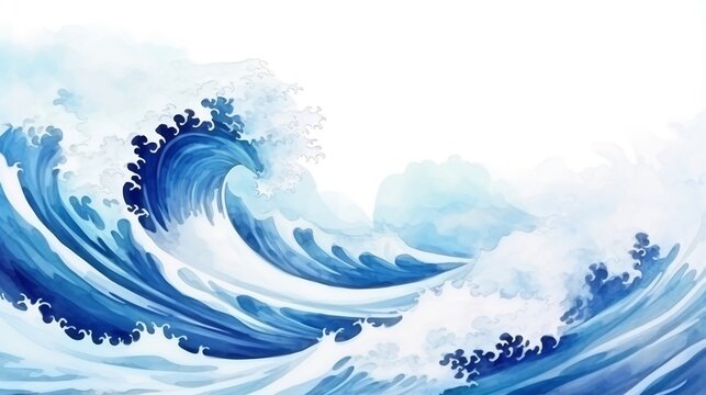 Blue waves textured. Japanese blue ocean art. Illustration of ocean blue waves on white background