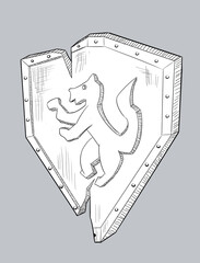 Ancient knight shield cartoon style black and white sketch