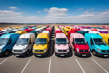 Multiple colorful delivery vans aligned in a parking area. 