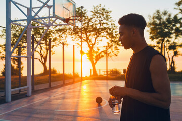 black man doing sports in morning, drinking water on basketball court on sunrise