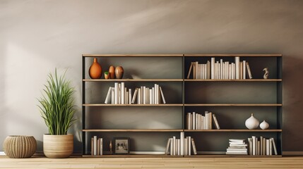 Wooden shelf with books. Modern book shelf with decor in room