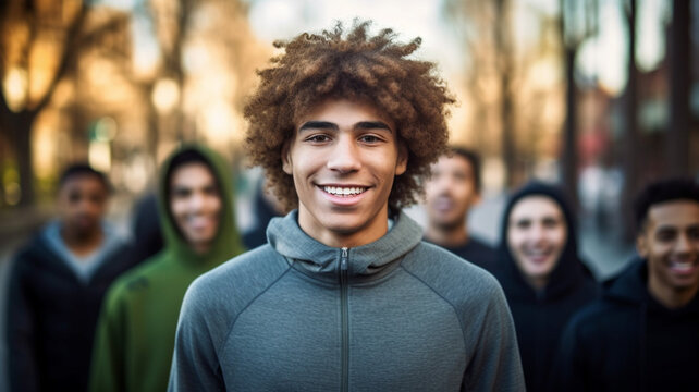 young people or young adult man in a larger group or crowd, football club or clique or school class or young people or students or with friends in a group, together outside in their free time