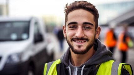 young adult man working, wearing yellow reflective vest, highway maintenance or construction site worker or plainclothes policeman or accident prevention on the highway or customs or border guard
