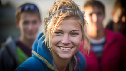 everyday life of a teenager, girl with friends or family or classmate in clique outdoors in nature in rural or hiking or trekking or vacation, autumn clothes and autumn jacket, fictional place