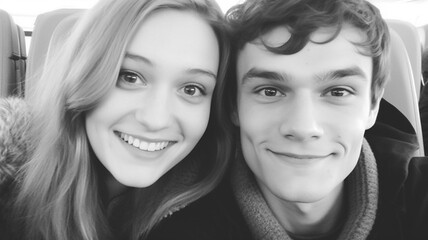 Fototapeta premium sitting in bus, bus seats, teenage girl and teenage boy, back in school days as students, black and white photo, selfie photo, childhood love or friendship, memory, young adult caucasian woman and man