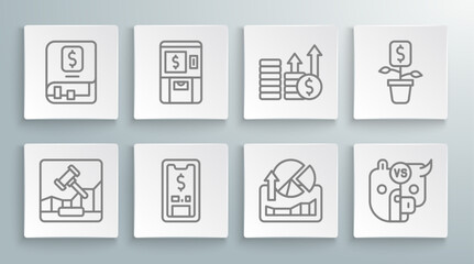Set line Online internet auction, ATM and money, Mobile with dollar, Stocks market growth graphs, Bull bear of stock, Financial, Dollar plant and book icon. Vector