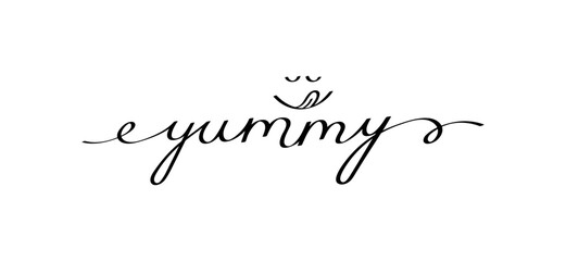 Yummy phrase handwritten with smooth lines. Calligraphy continuous line with word yummy and smile face. Doodle vector graphic design