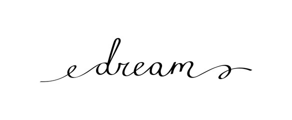 Slogan DREAM with smooth lines. Calligraphy continuous line with word dream. Hand drawn motivation graphic phrase dream. Doodle vector graphic design - obrazy, fototapety, plakaty