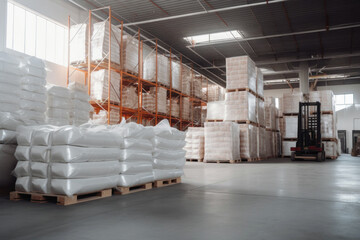 warehouse with white polypropylene bags