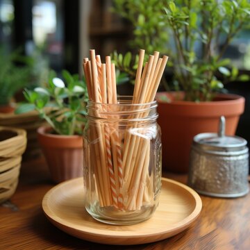 Wooden straw for drinks. Ecological bamboo cocktail tubes for lemonades and drinks. Concept: Safe eco-friendly tableware without harm to the planet