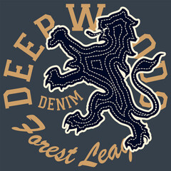 Illustration college Lion Heraldry Patchwork Embroidered text Deep Woods, Forest League denim jeans Since 1965 Shield Embroidered Style, Fashion color.