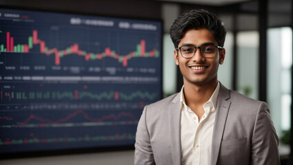 Giovane e sorridente ragazzo di origini indiane in ufficio con grafico alle spalle. Vestito elegante, sorriso.