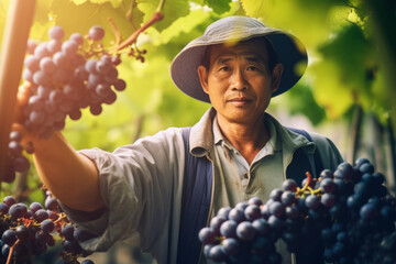 Obraz premium Asian man working in vineyard, wine grape farmer worker portrait. Generative AI