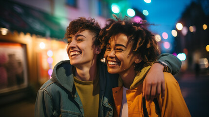 Naklejka premium A vibrant close of two friends embracing, their faces beaming with joy and laughter