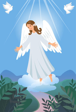 Cute soaring angel with open arms on a landscape background.Vector illustration