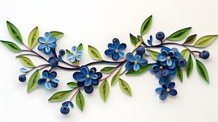 Blueberries plant and flowers paper quilling isolated on white.