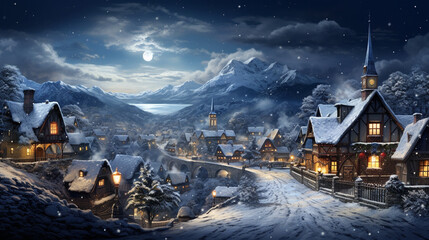 A panoramic view of a snowy village, where houses are aglow with twinkling lights and snow-covered roofs.  