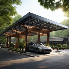 futuristic parking lot with solar panels. electric charging for cars and public transport