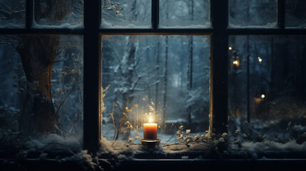 A frost-covered windowpane framing a view of a snowy landscape outside, with a single candle flickering inside.  