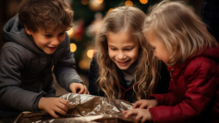 Fototapeta premium A joyous moment of children unwrapping presents under the Christmas tree, surrounded by torn wrapping paper. 