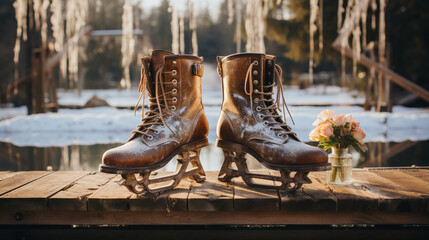 A pair of ice skates hanging on a rustic wooden bench, ready to glide gracefully over a frozen pond.  