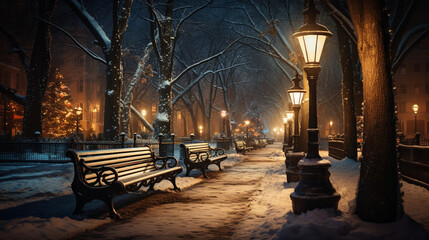 Fototapeta na wymiar A serene winter park with snow-covered benches, softly lit street lamps, and a path inviting a peaceful stroll. 