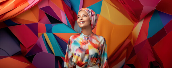 modern colorful stylish outfit photoshoot of a muslim hijab woman in dynamic shot happy and positive for modest trendy arab women fashion as wide banner with copysapce area - Generative AI - Powered by Adobe