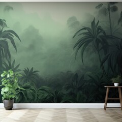 A lush and vibrant painting of trees, plants, and flowers adorns the wall, creating an atmosphere of peaceful serenity and wild beauty