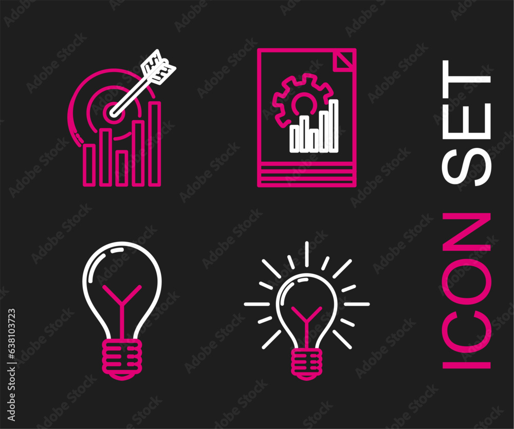 Poster set line light bulb with rays shine and concept of idea, document graph chart and target icon. vecto