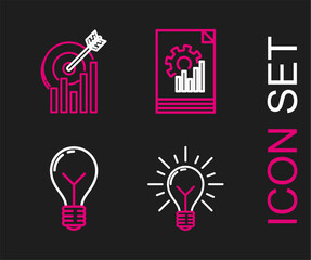 Set line Light bulb with rays shine and concept of idea, Document graph chart and Target icon. Vector