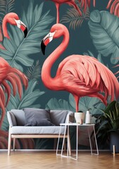 A vivid painting of exotic flamingos and lush plants adorns the wall, evoking a sense of wildness and wonder