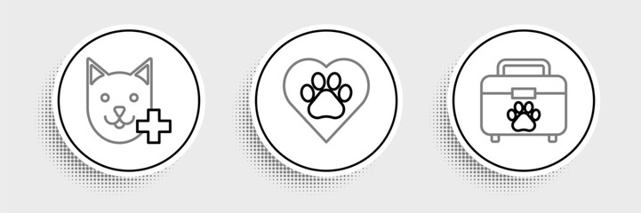 Set line Pet first aid kit, Veterinary clinic symbol and Heart with animals footprint icon. Vector