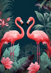 Naklejka premium Two majestic pink flamingos stand proudly amidst a lush tropical garden, their elegant silhouettes illuminated by the vibrant colors of nature