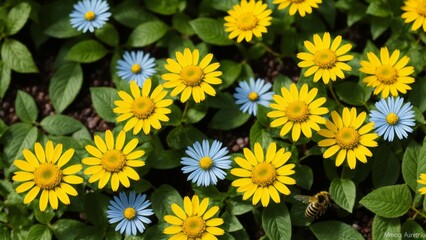 Small yellow bright summer flowers and bee on a background of blue and green foliage in a fairy garden.