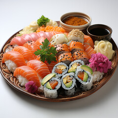 Plate of sushi on a white backdrop