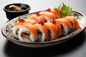 Plate of sushi on a white backdrop